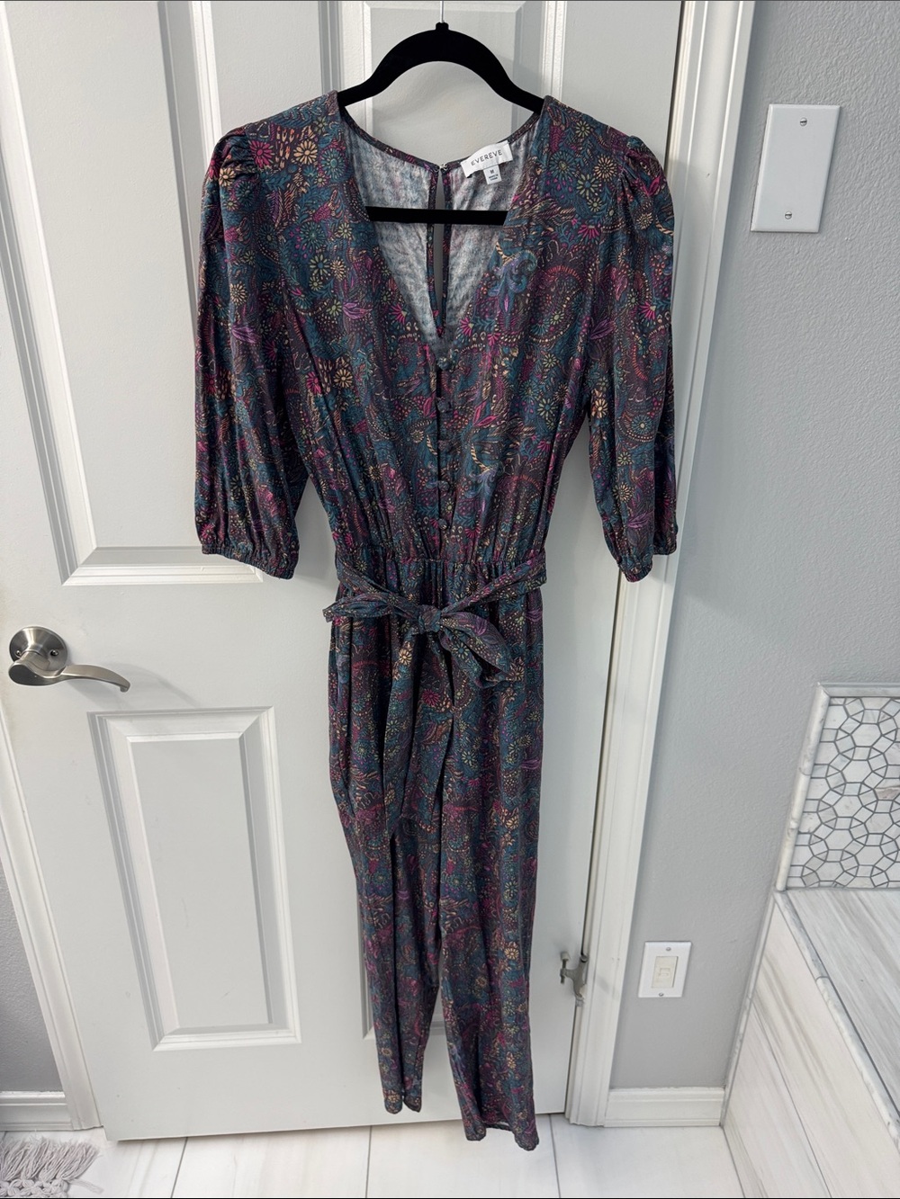 Evereve Teal Multicolor Floral Long Sleeve Jumpsuit